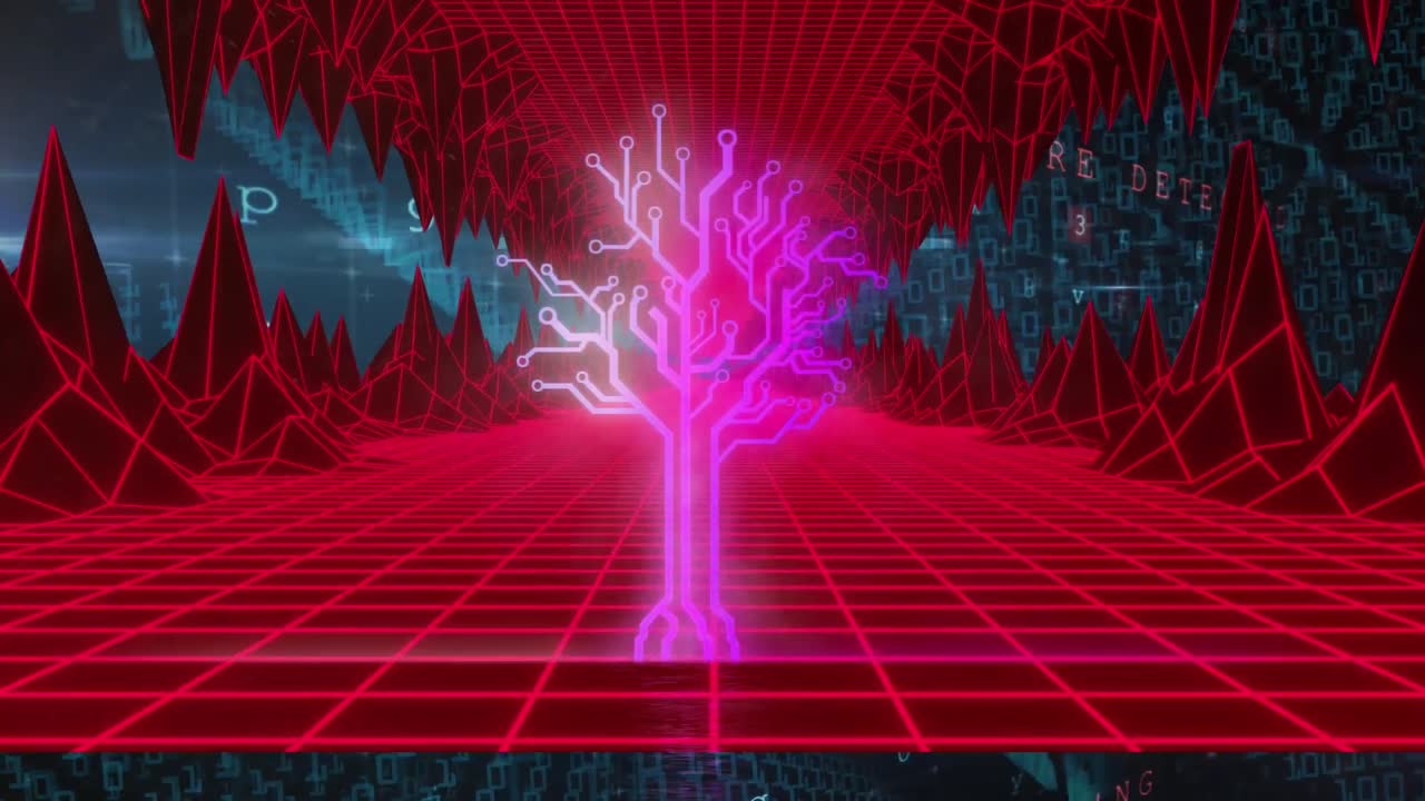 Animation of digital tunnel with tree and data processing over blue background