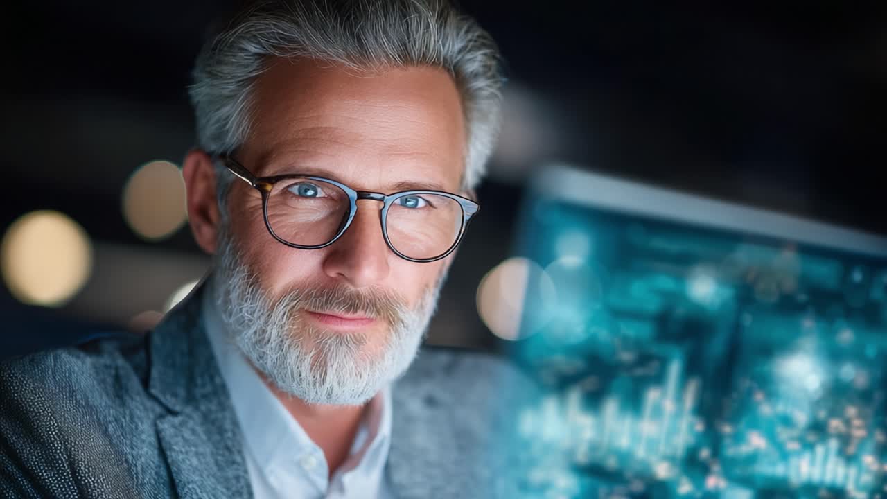 Focused Professional Analyzing Data on a Digital Screen with a Determined Expression in a Modern Office Environment, Showcasing Innovation and Expertise