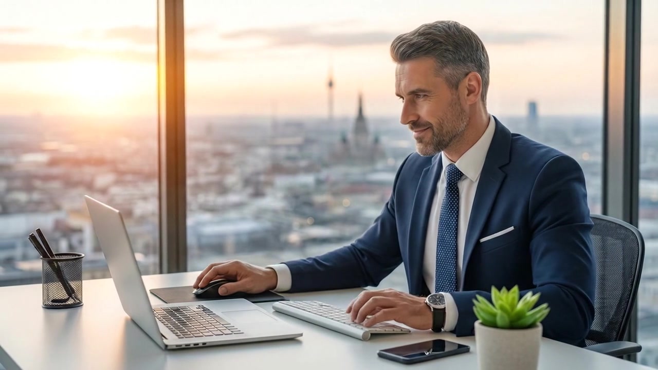 Uomo d'affari professionista che lavora al portatile in un ufficio panoramico al tramonto