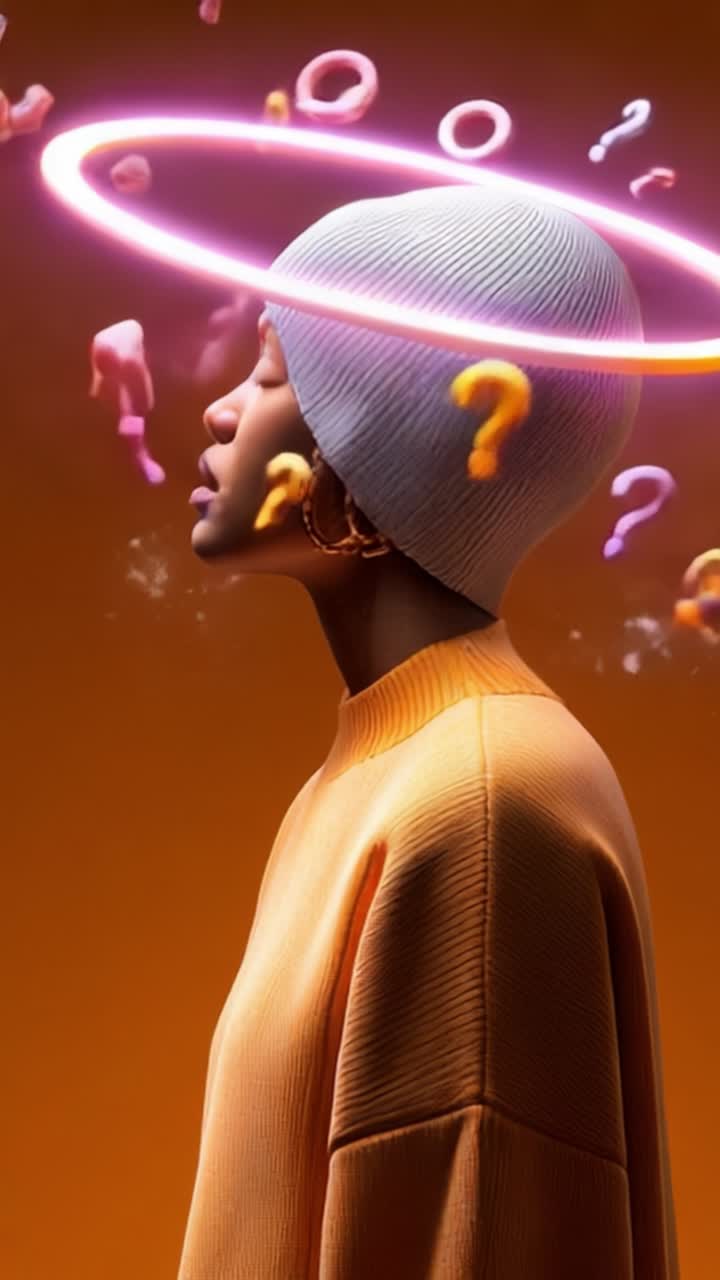 A stylized portrait of a thoughtful individual wearing a white beanie, surrounded by colorful question marks and emojis, symbolizing curiosity and introspection