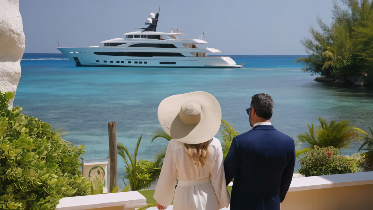 Couple admiring a luxury yacht on clear tropical waters