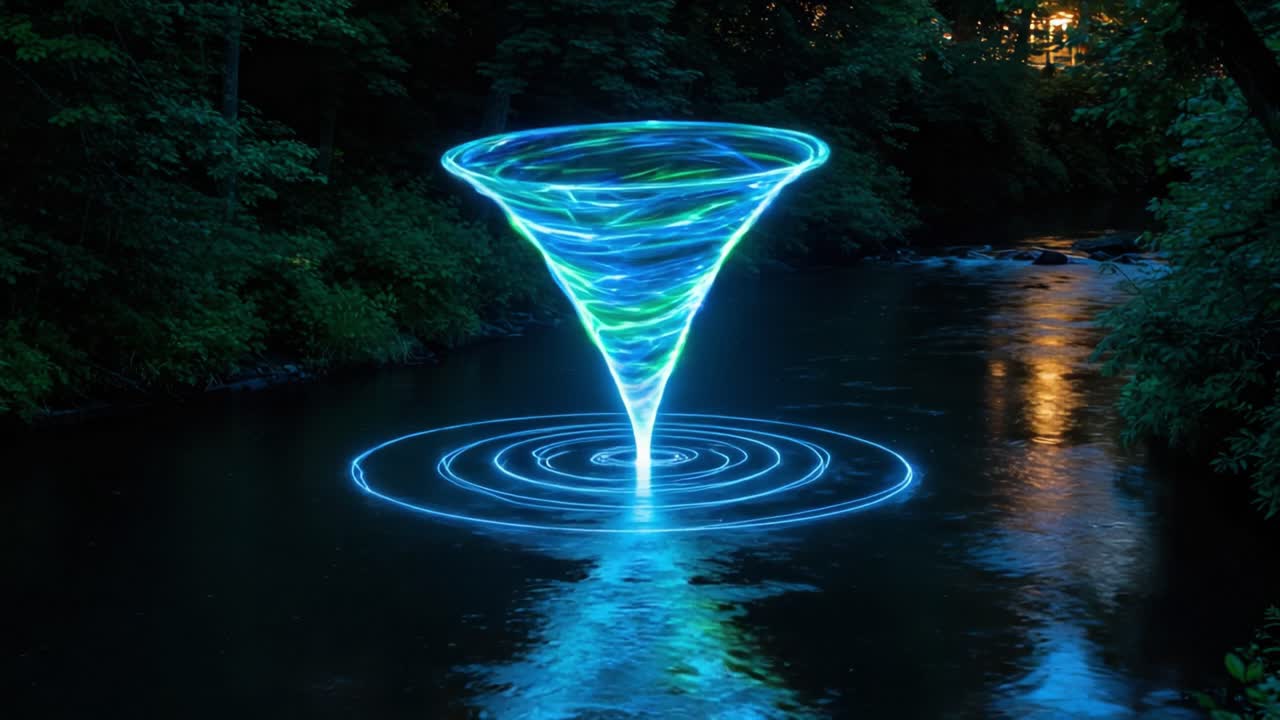 Mesmerizing blue-green light vortex emerges from a tranquil river, illuminating the forest surroundings with swirling patterns and vibrant colors in a captivating visual spectacle