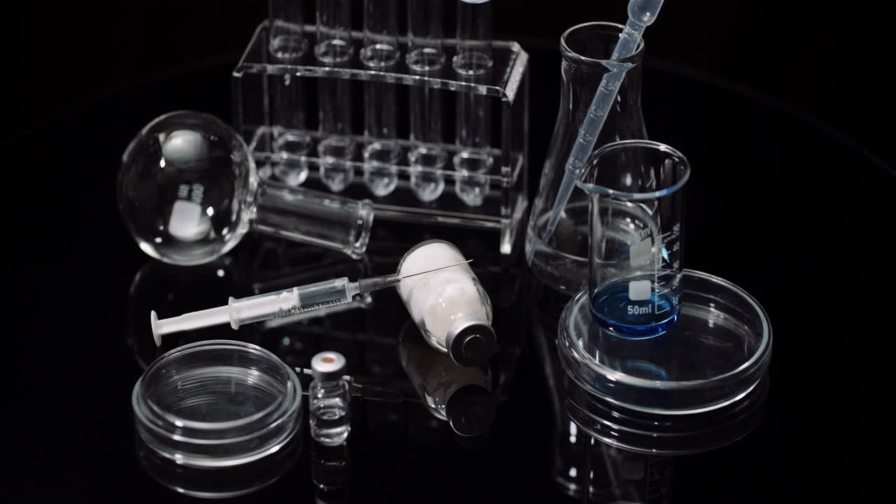 equipo de laboratorio: jeringas y tubos de ensayo de medicamentos y matraces girando sobre fondo negro 6