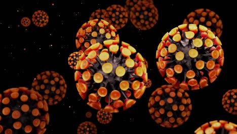close-up coronavirus tipo covid-19, h1n1, gripe aviar o gripe porcina se mueven suavemente en fluido representación 3d del virus como fondo de bucle microscópico microbiológico. color de gradiente amarillo negro