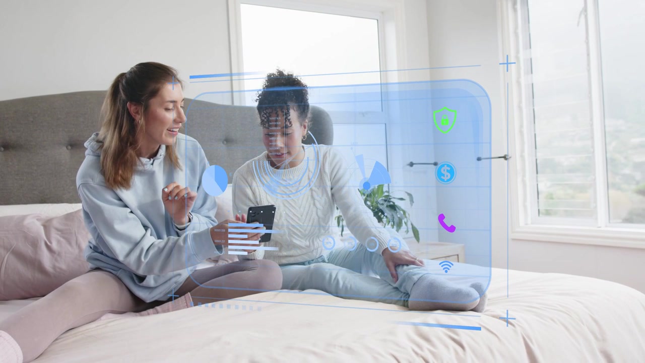 Left woman tapping smartphone and showing screen, AR finance UI scanning face, checking money
