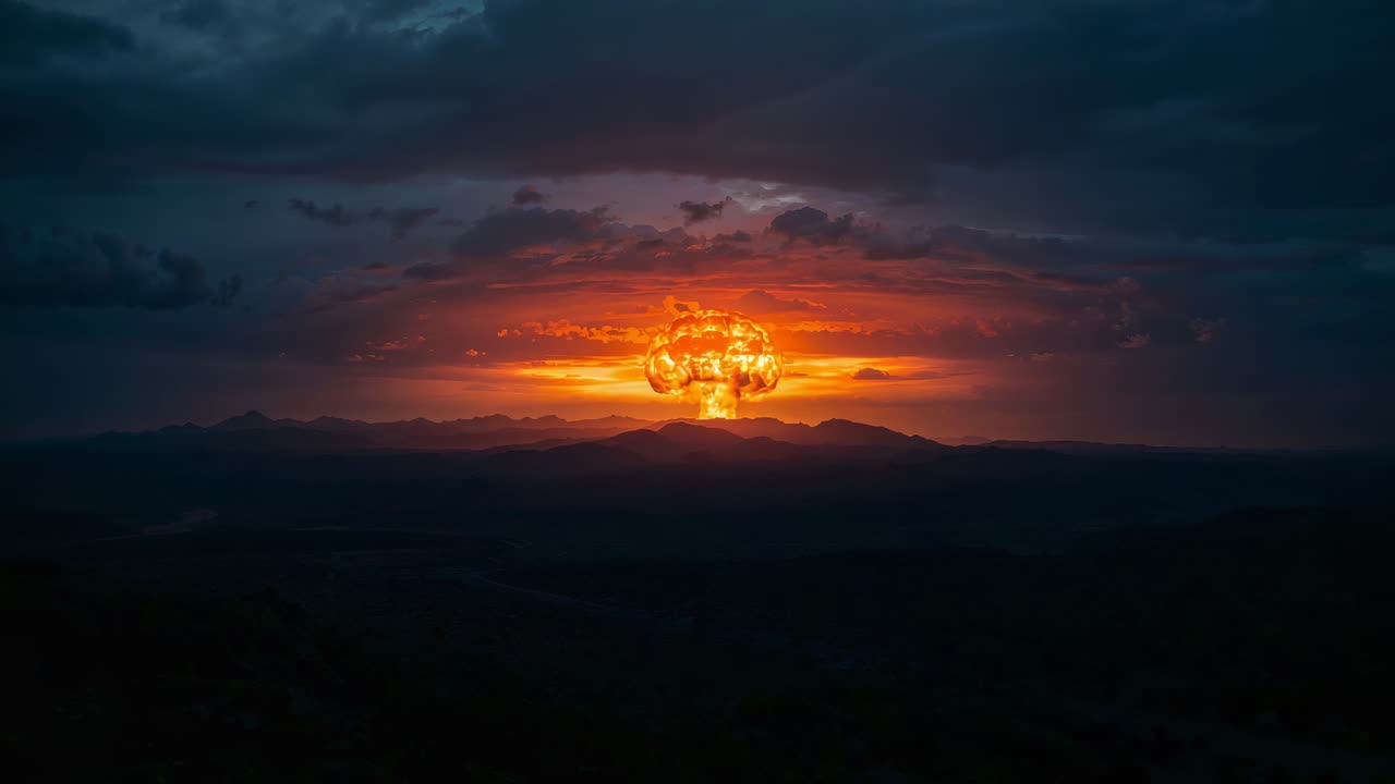 Aufsteigende Pilzwolke, die aus hellem Schein über einem Bergrücken wächst und Stamm und Silhouette beleuchtet