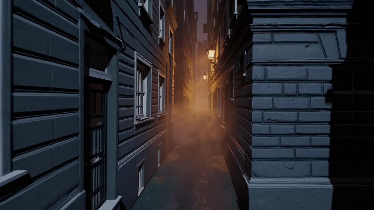 Low lying fog enveloping a narrow street lined with old buildings at dawn, creating a mysterious and evocative atmosphere filled with intrigue and charm