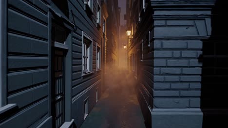 low lying fog enveloping a narrow street lined with old buildings at dawn, creating a mysterious and evocative atmosphere filled with intrigue and charm