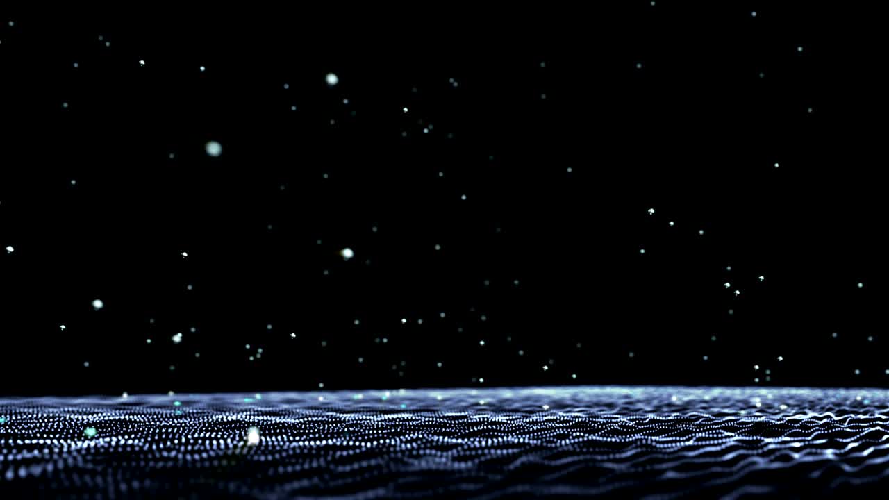 Luminous spheres fall from top and bounce off a grid of moving dots generating other spheres. Bright spheres fall as rain drops on a floor.