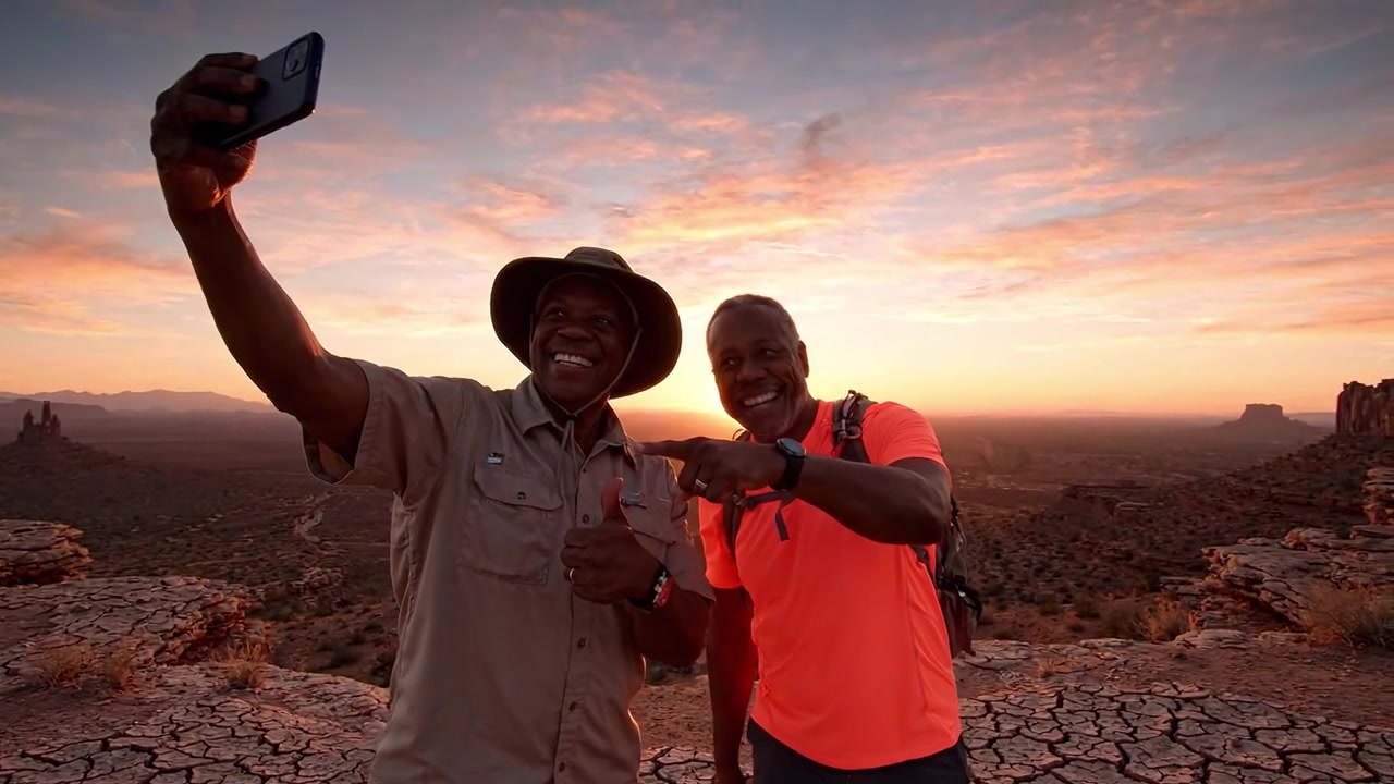Dois amigos desfrutam de uma vista deslumbrante do pôr do sol enquanto tiram uma selfie na natureza, capturando o momento durante sua aventura de caminhada ao ar livre.
