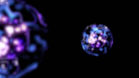 animation of two shiny spheres. there is constantly changing current on the surface. the background is black. the color of the ball is blue and purple. zoom out.