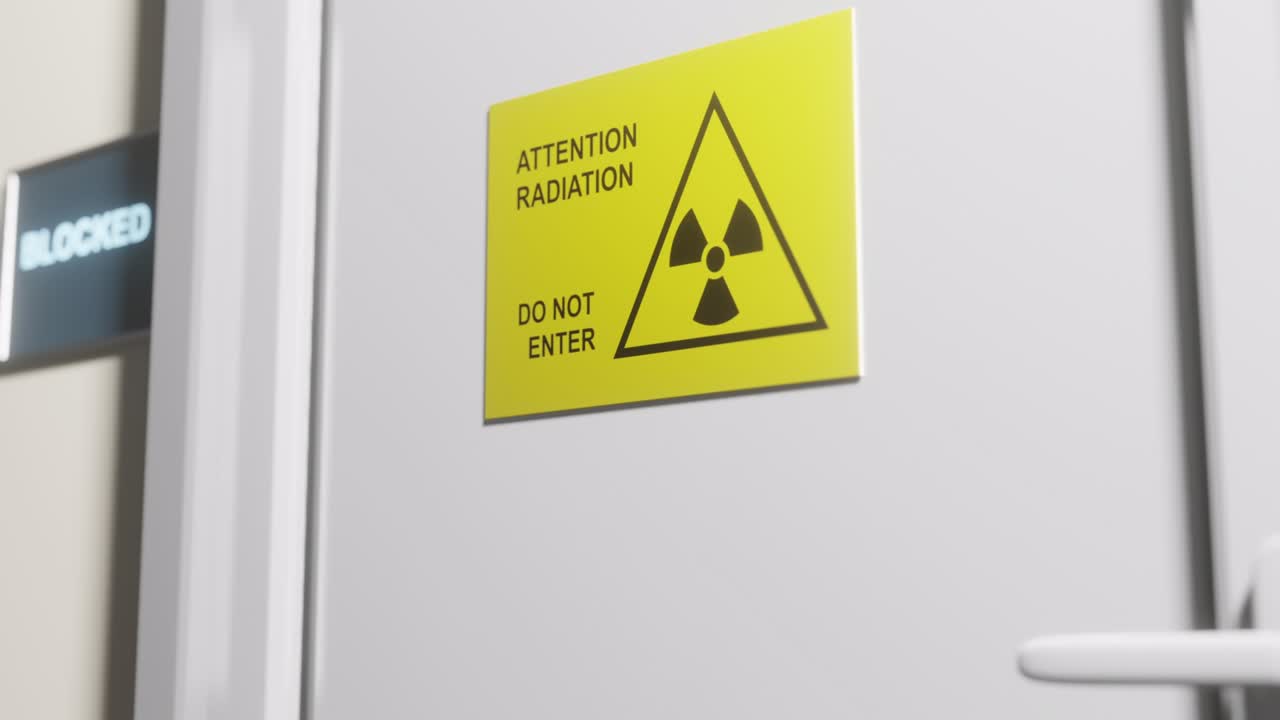 방의 잠겨진 문은 방사선 상징으로 표시되어 있습니다.