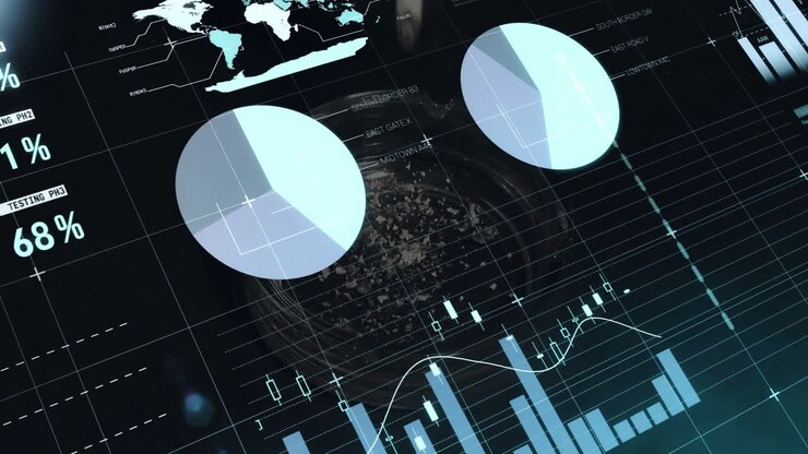 Interacting with screen, business person viewing financial data and animated pie charts