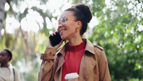 happy, phone call and woman in park