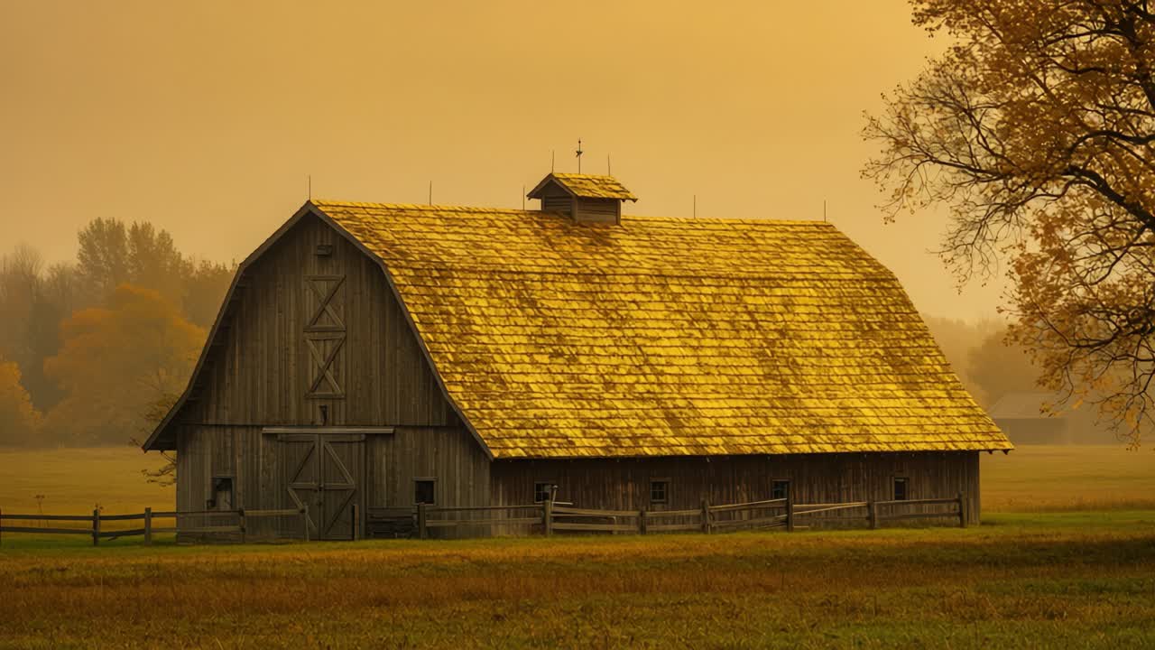 A Majestic Barn at Dawn: Capturing the Golden Glow of an Early Morning Sunrise with Dappled Light and Misty Surroundings in a Rural Landscape