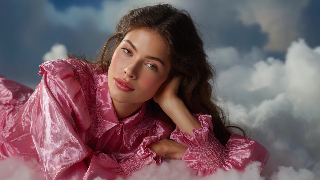 Un ritratto accattivante di una giovane donna in un abito di raso rosa tra soffici nuvole, che irradia gioia e serenità in un'atmosfera eterea.