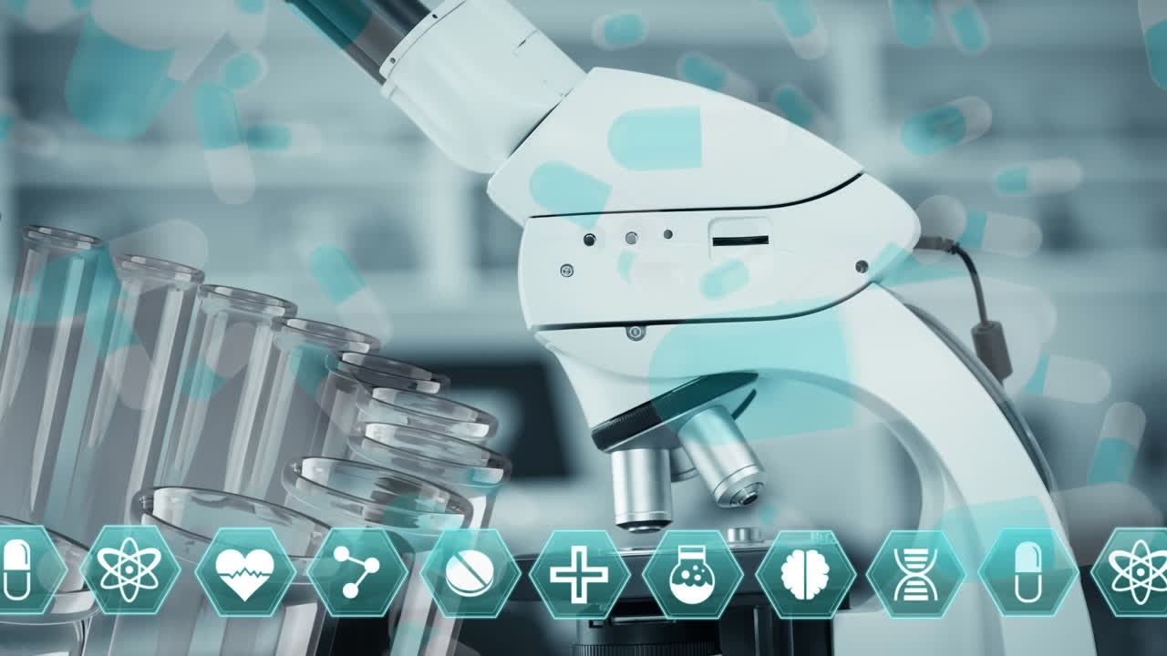 animación de moléculas e iconos hexagonales que se mueven sobre el microscopio con procesamiento de datos científicos