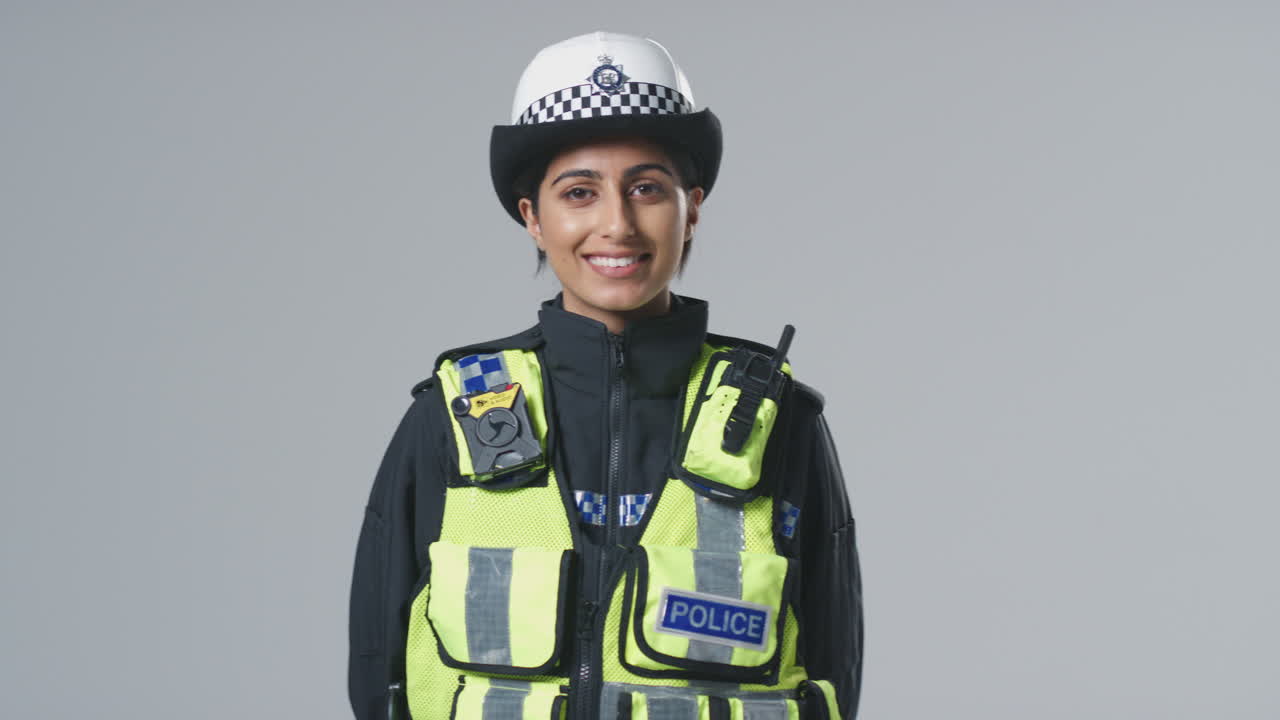 retrato de estudio de una joven policía sonriente contra un fondo plano
