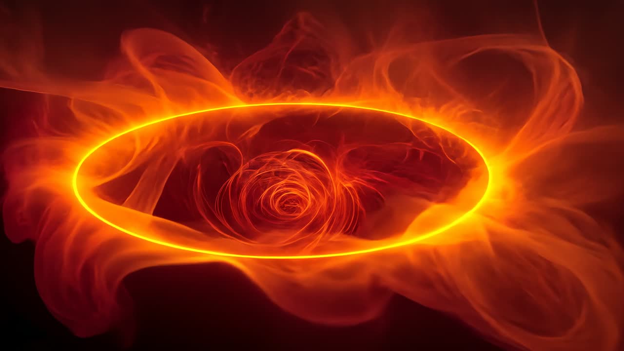 Emerging glowing orange ring pulling plasma wisps inward in dark void, forming spiral vortex