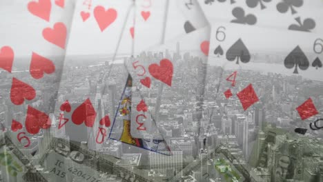 animación de cartas de juego de casino sobre el paisaje urbano
