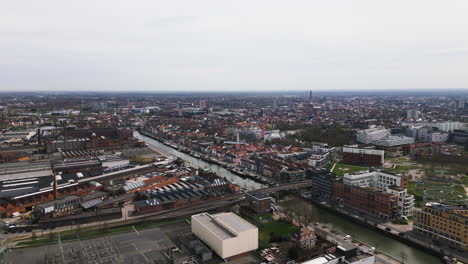 ghent city in belgium, high angle drone view