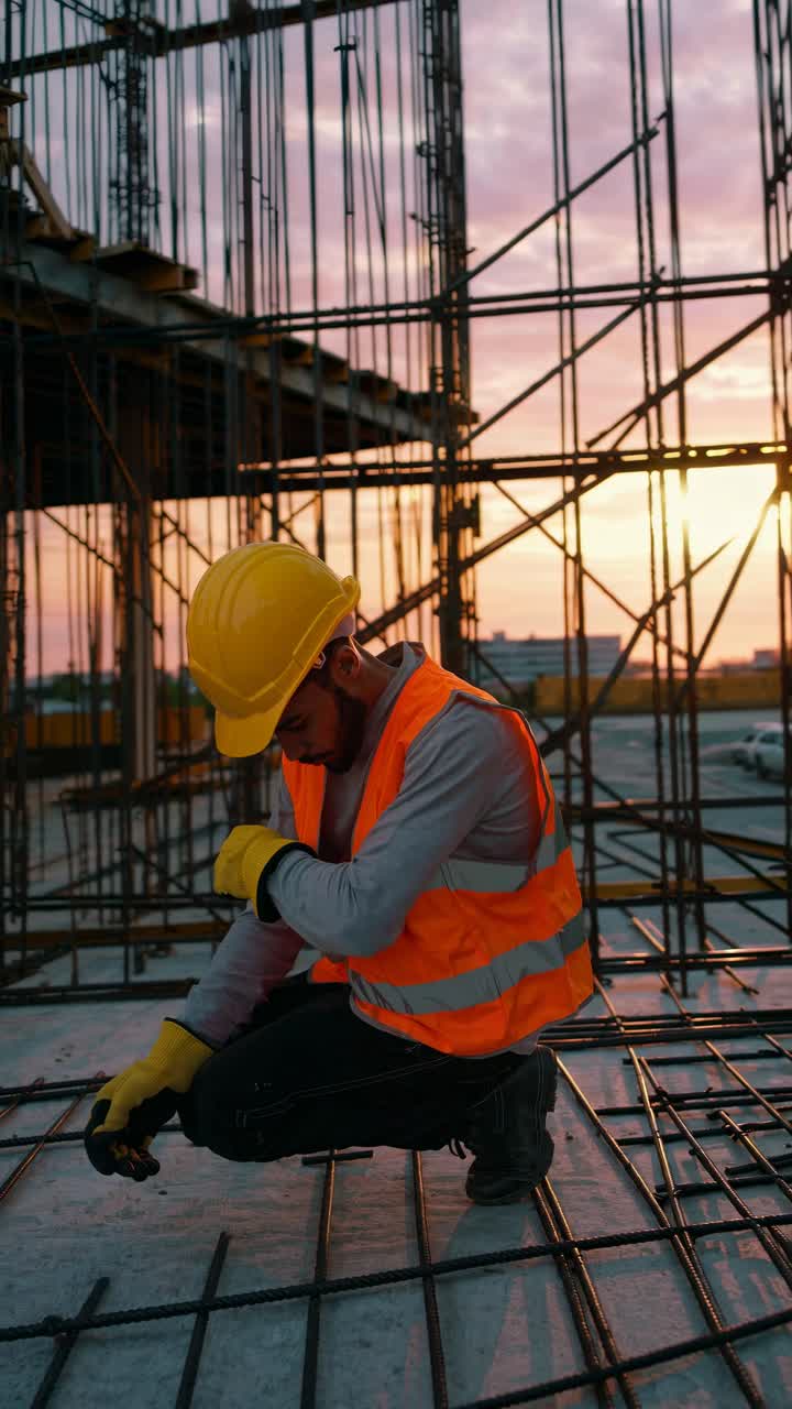 Low-angle video shot of a construction worker in a hard hat and vest, kneeling on a site at sunset