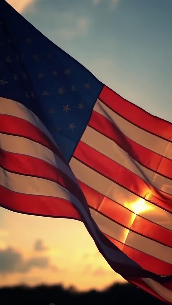 Un video cattura la bandiera americana che sventola al tramonto, con una ripresa dal basso che ne mette in risalto i colori