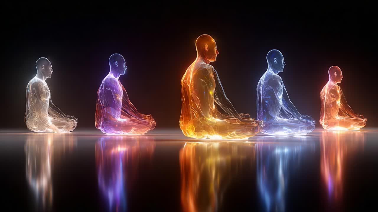 An ethereal journey of five meditative silhouettes transitioning through colors of energy, embodying peace, tranquility, and spiritual awakening against a backdrop of reflective darkness