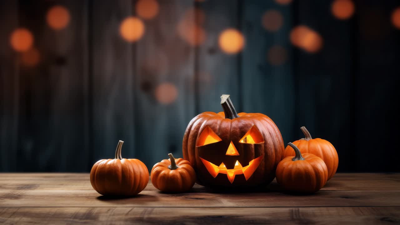Low-angle shot of a carved pumpkin glowing on a wooden table, surrounded by smaller pumpkins