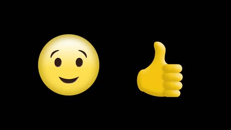 digitale animation des thumbs-up-icons und des zwinkernden gesichts-emoji auf schwarzem hintergrund