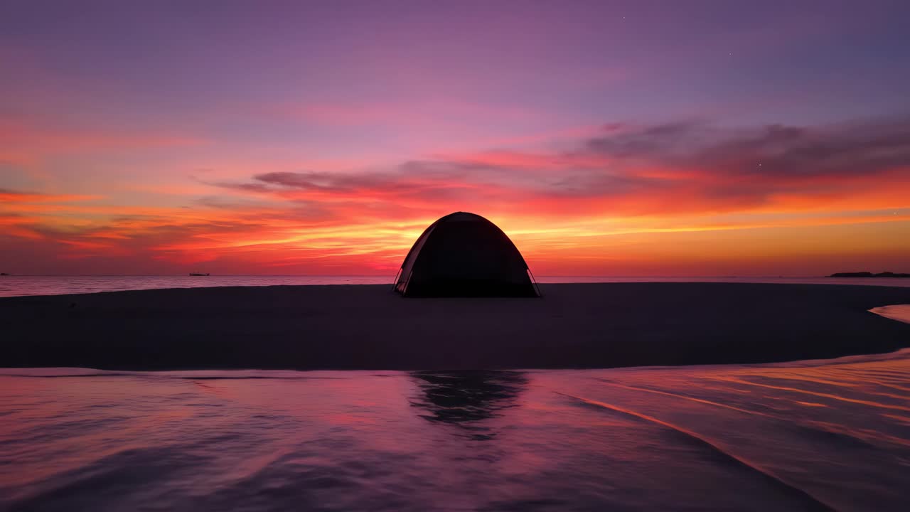 Tent on a beach at sunset