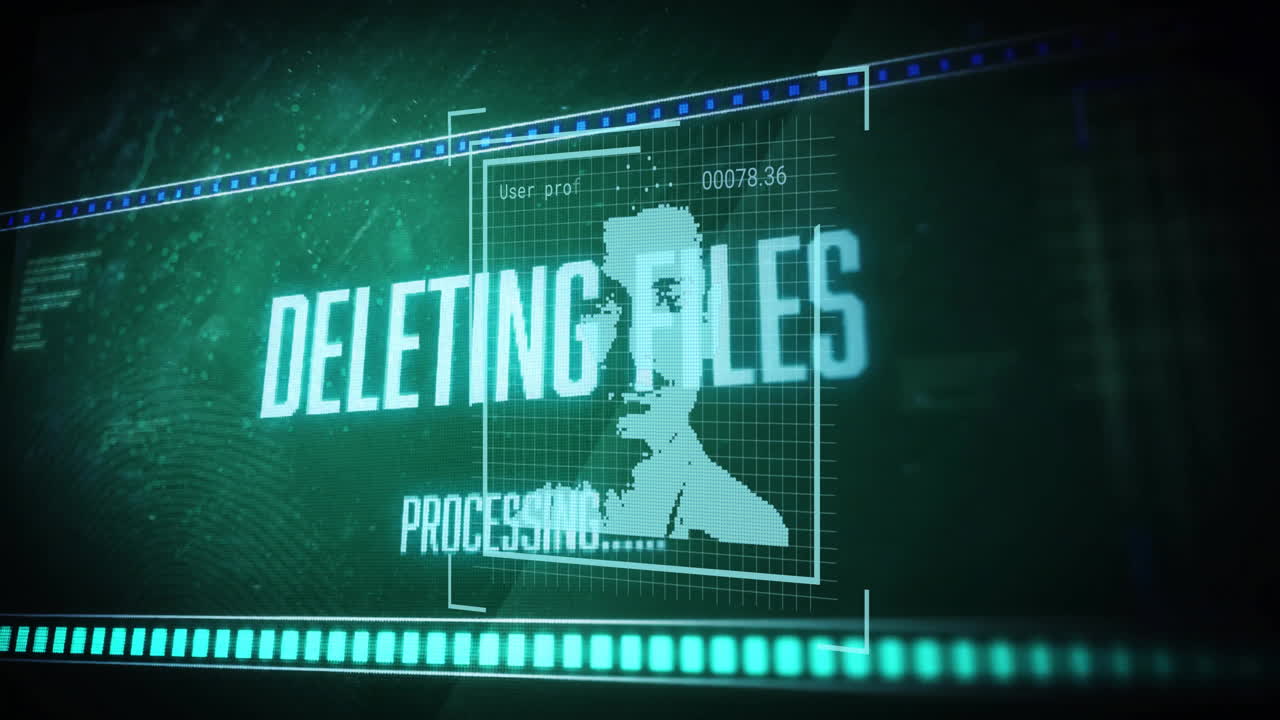 Face recognition animation with digital data elements and green grid overlay