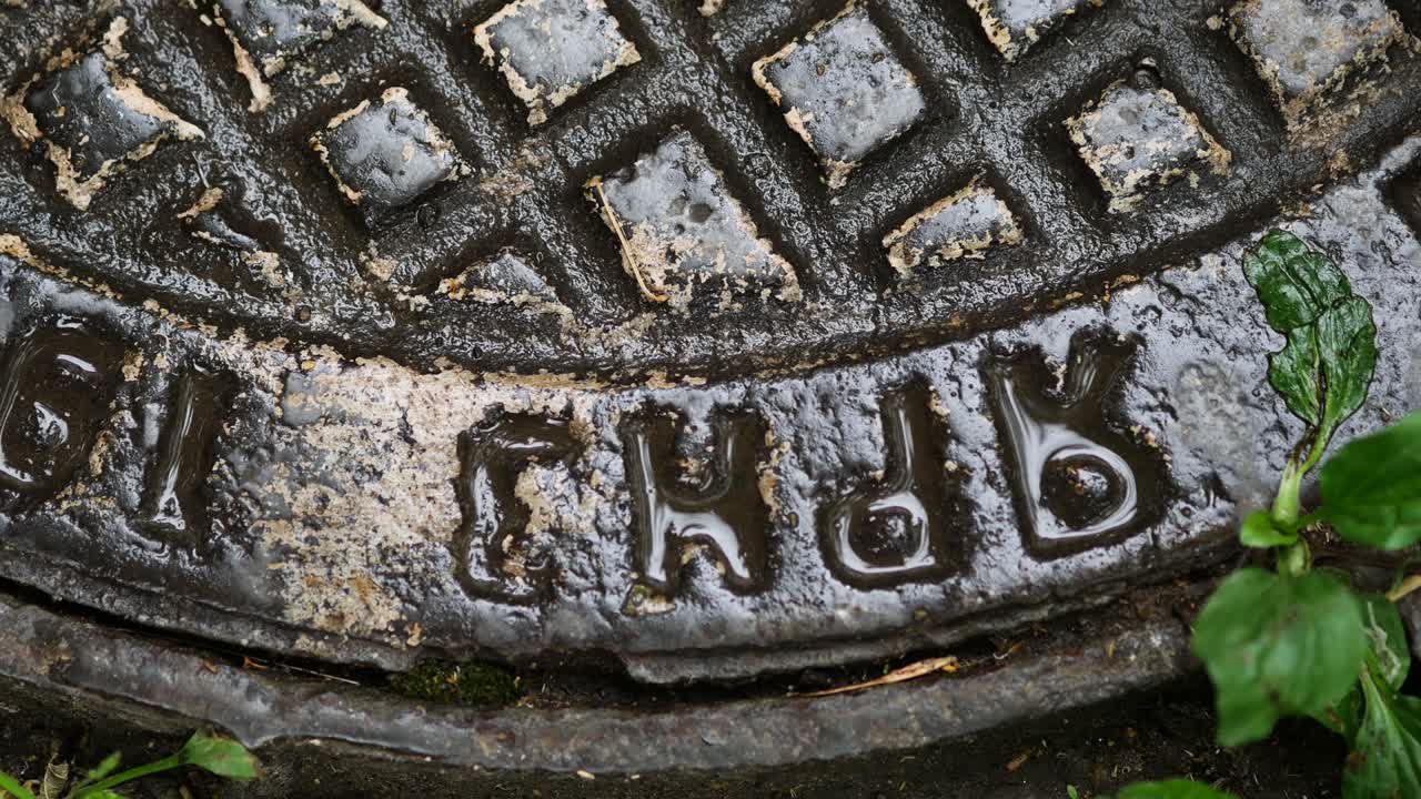 Il tombino in ghisa è bagnato dopo una pioggia estiva. Vecchio chiusino vintage