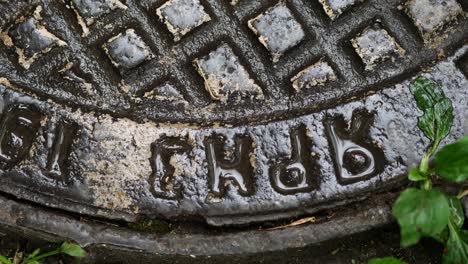 la cubierta del pozo de agua de hierro fundido está mojada después de una lluvia de verano.