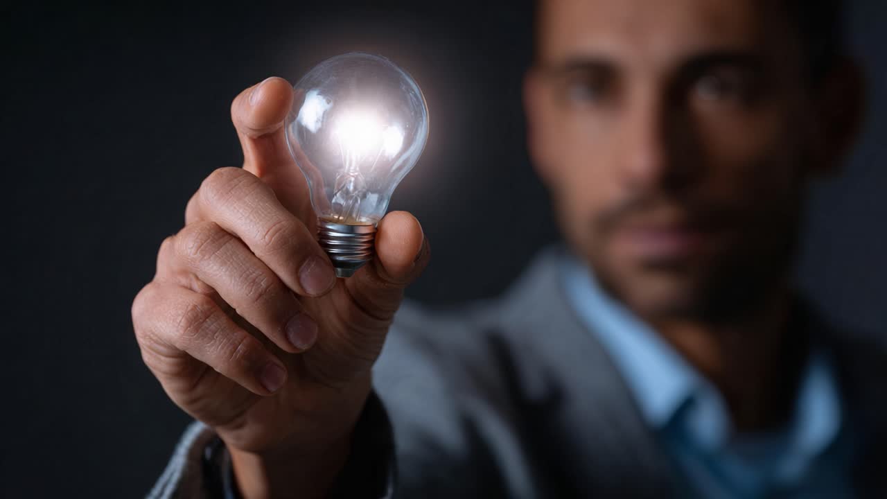 A man holds a glowing light bulb, symbolizing creativity, innovation, and inspiration while demonstrating the power of ideas and enlightenment in a dark setting
