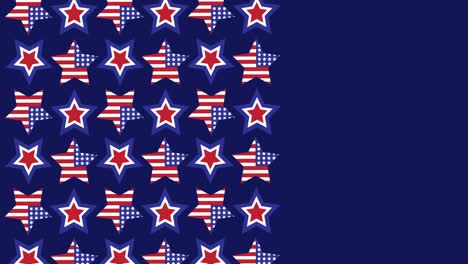 animation of rows of stars with american flag with copy space on blue background
