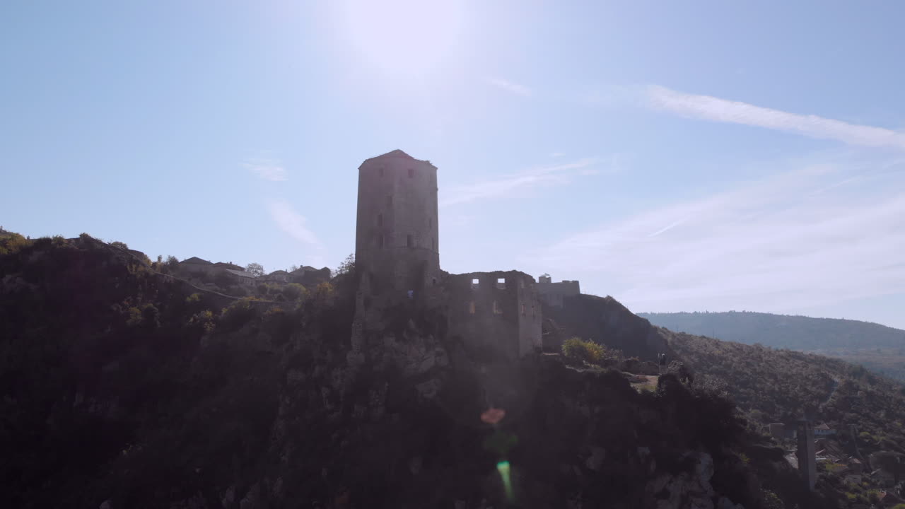 Fortress overlooking Počitelj historic village, Bosnia and Herzegovina, aerial