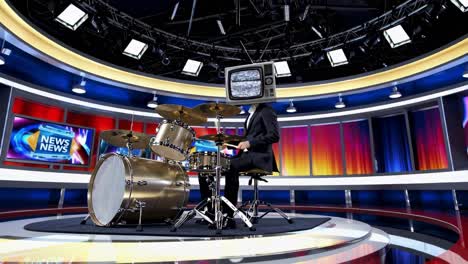 drummer with tv head in news studio