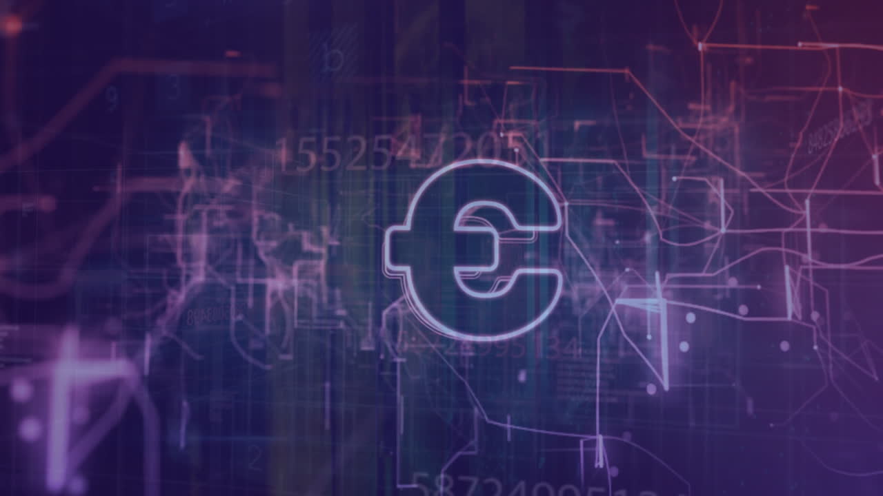 Euro currency symbol with animation of digital data and network connections