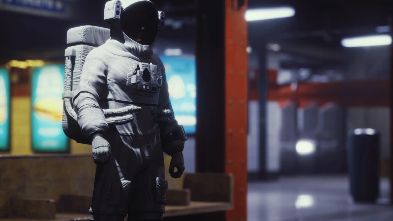 Astronaut figure stands in deserted subway station during nighttime hours