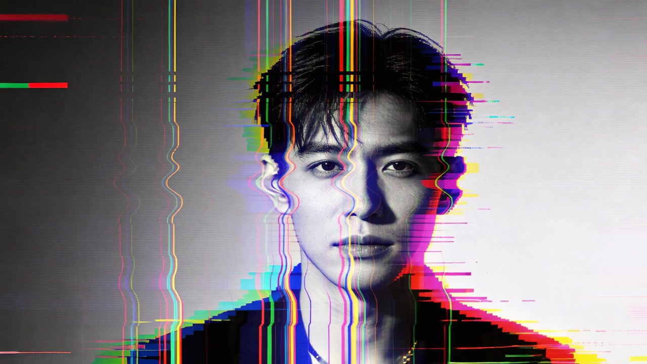 Mostra un uomo che indossa una giacca scura e una catena, che subisce un glitch di colore in studio mentre appaiono linee di scansione.