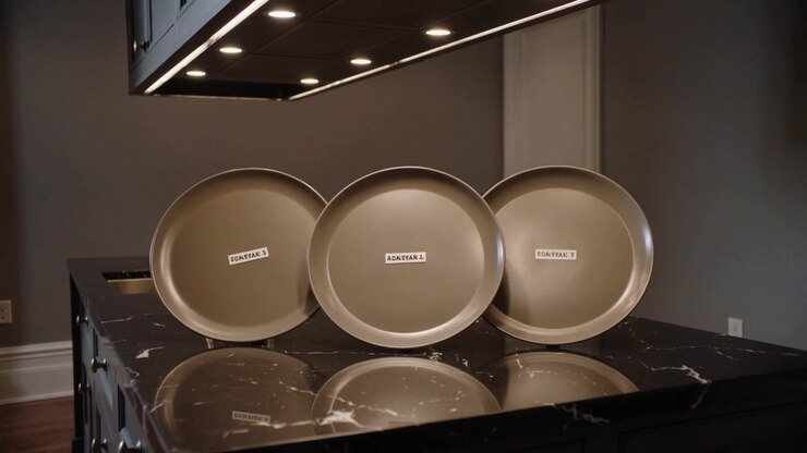 Unseen hand placing third metal pan, nudging two into row, aligning labels for display on island