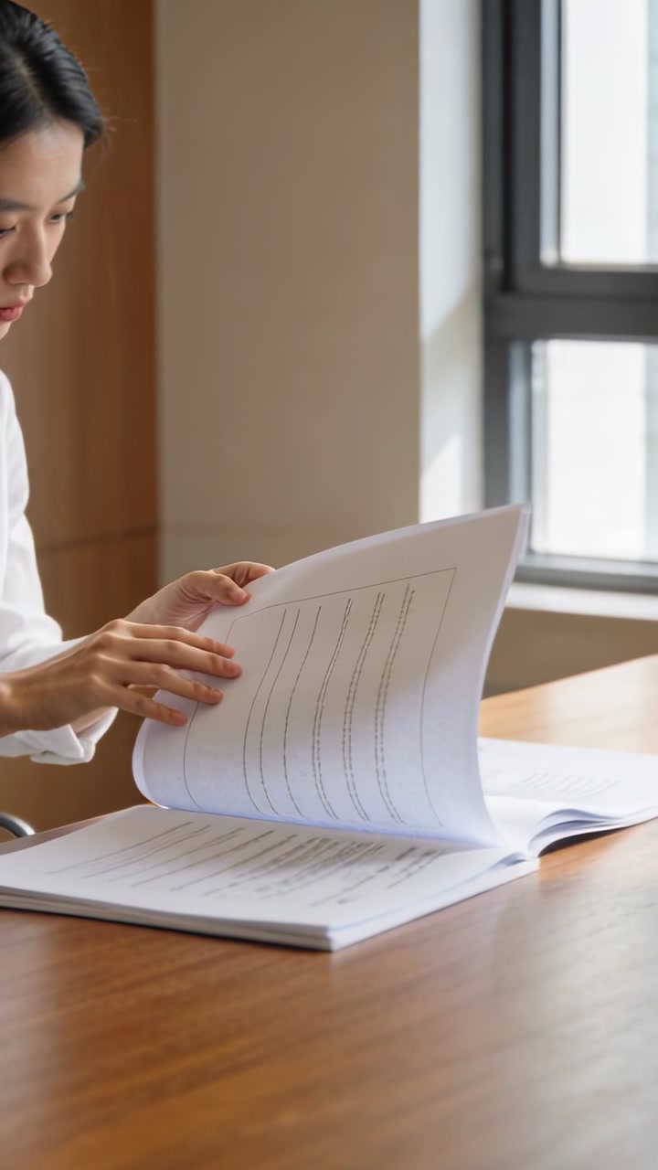 Vertical video: Lifting report, woman in white blouse flipping pages at table by window for review