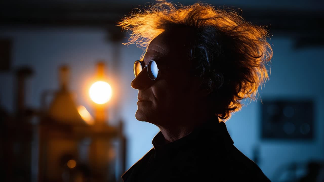 A mysterious figure in a lab coat with wild hair and glasses silhouetted against a glowing orange light, capturing an enigmatic scientific atmosphere and creativity
