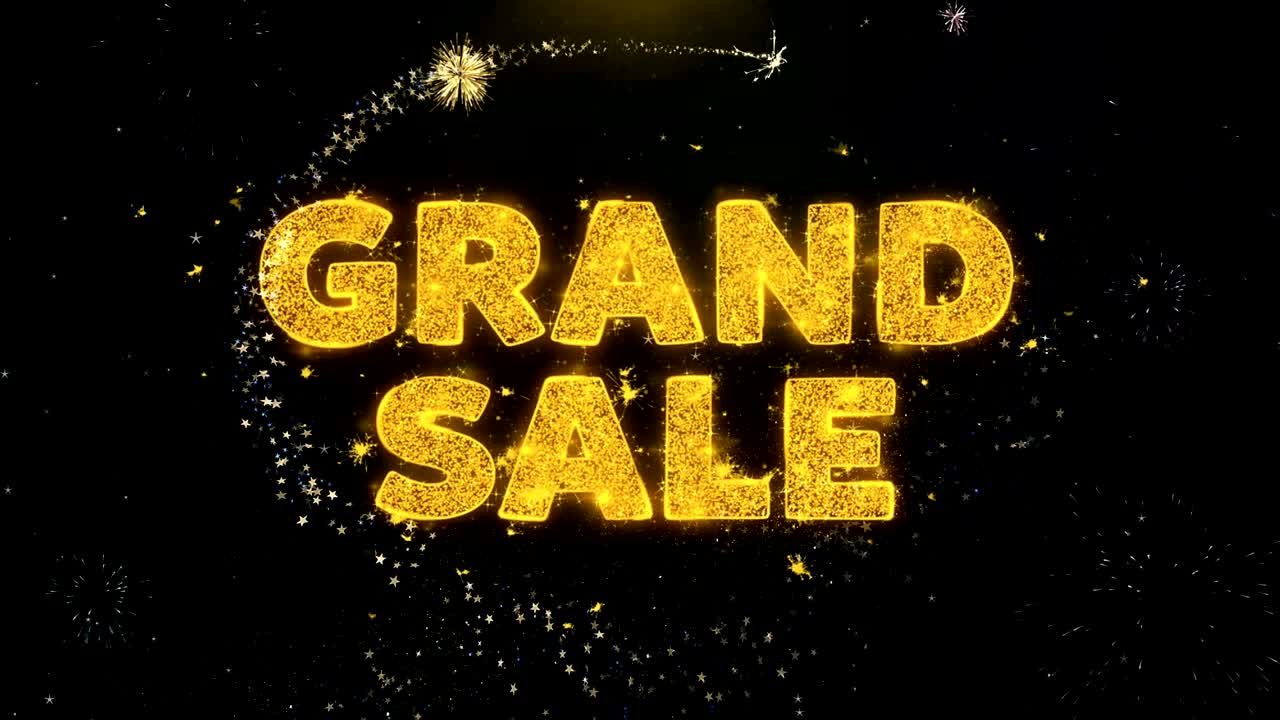 금 입자 불꽃놀이 전시회에 대한 그랜드 세일 텍스트.