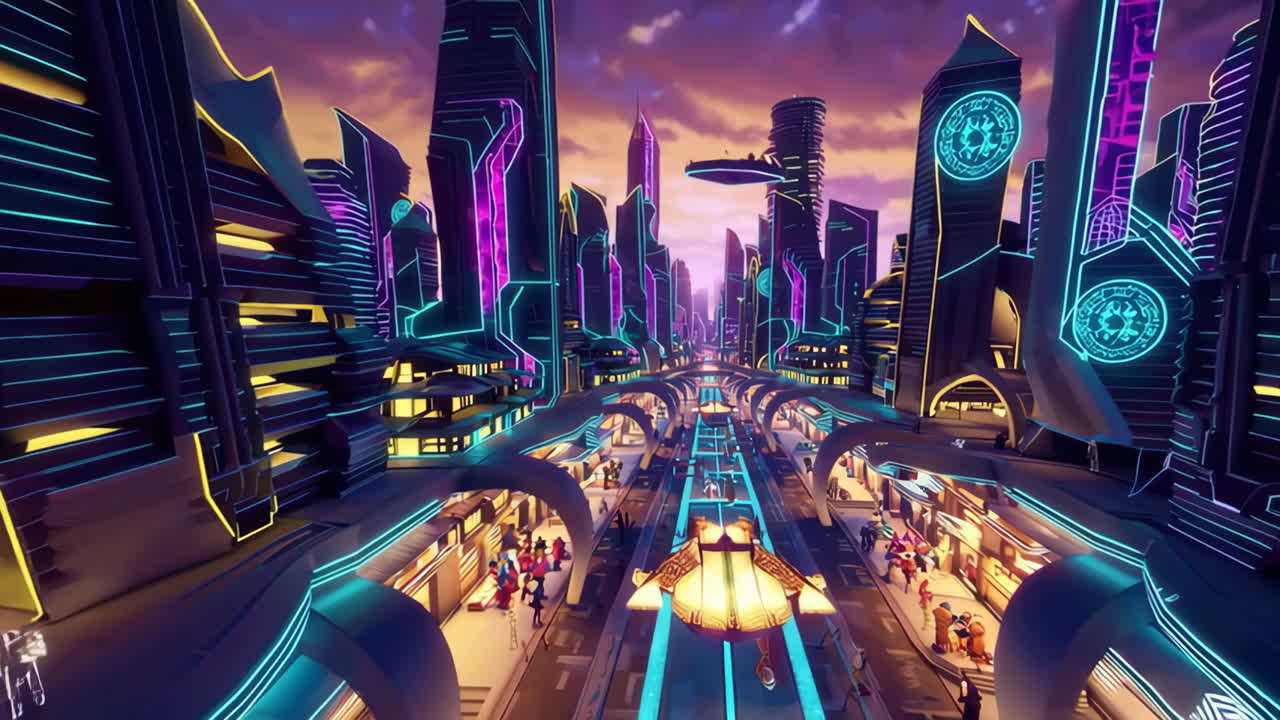 미래의 네온 도시 풍경