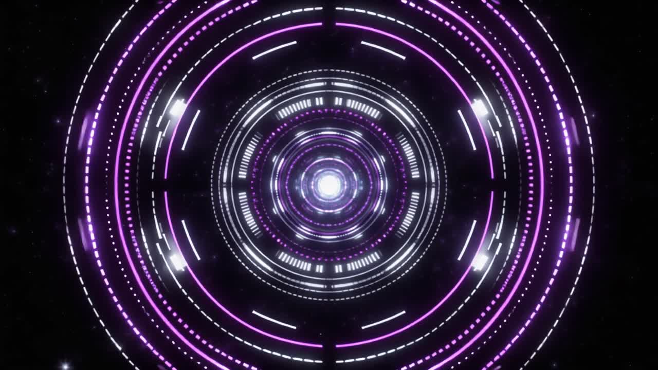 Tunnel digitale animato di linee viola e bianche luminose