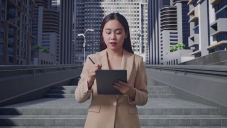 una mujer de negocios asiática escribiendo una tableta en la calle de la ciudad