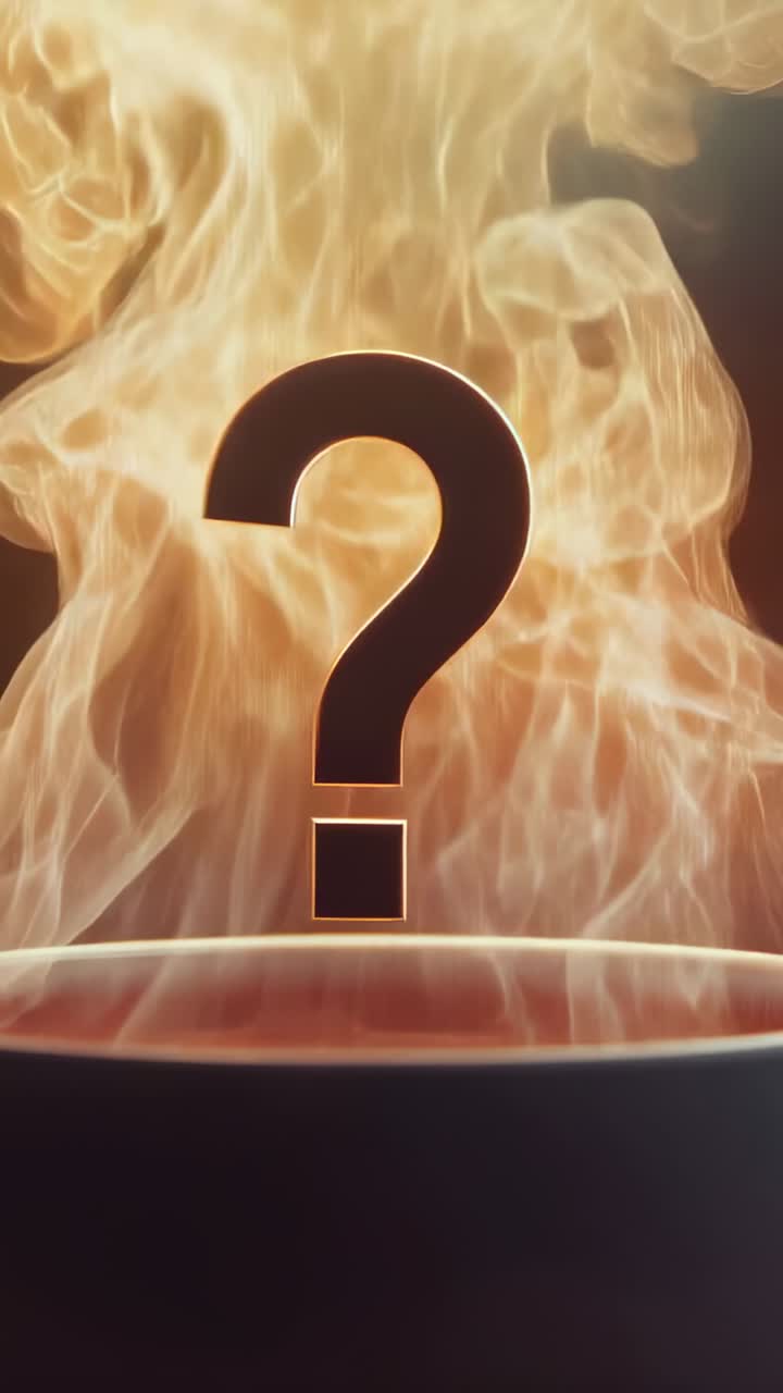 Vertical video: Rising flames curling from pot rim in studio, framing center stylized question mark