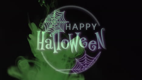 animation of happy halloween text and spiderwebs over green and black background